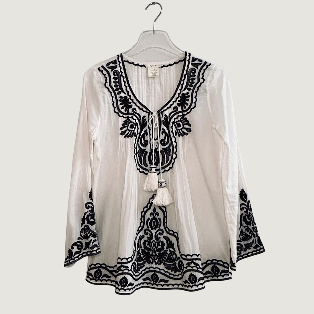 Sophie Max Embroidered Boho Peasant Blouse White Navy Blue Tassel Cotton M